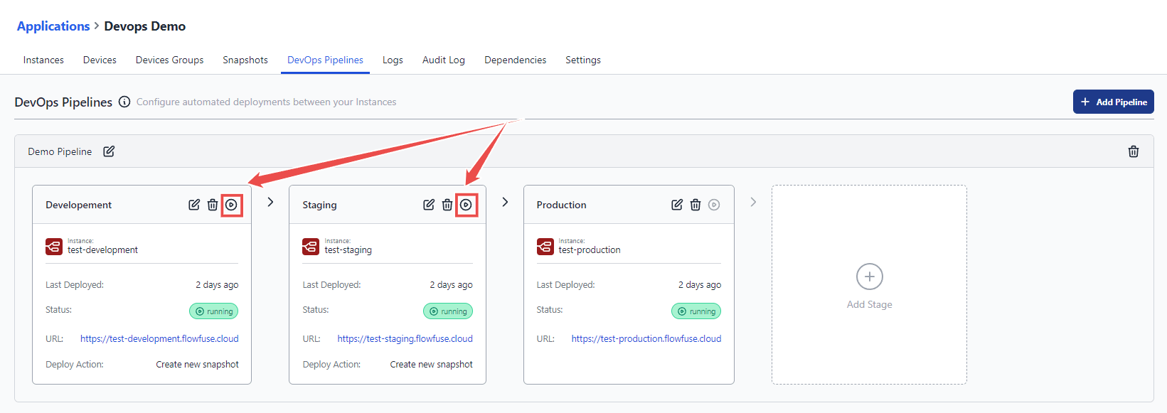 Screenshot of the 'Run Pipeline' button in FlowFuse, allowing users to trigger the deployment process.