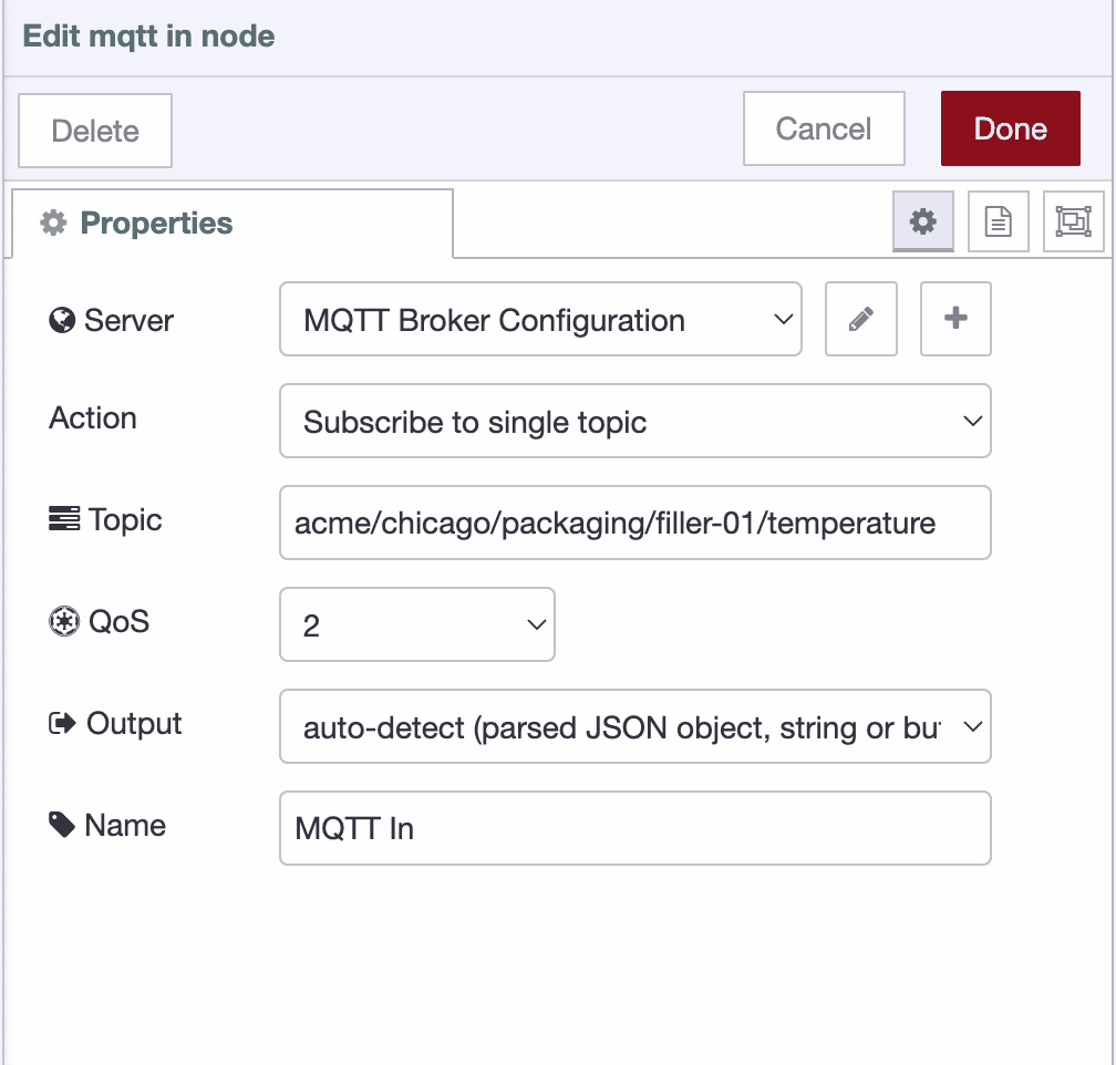 MQTT In node — subscribing to a topic